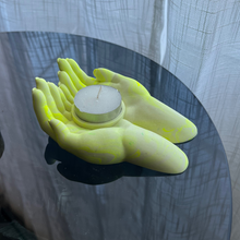 Load image into Gallery viewer, L Y D I A candle holder with cradling hands neon yellow marble
