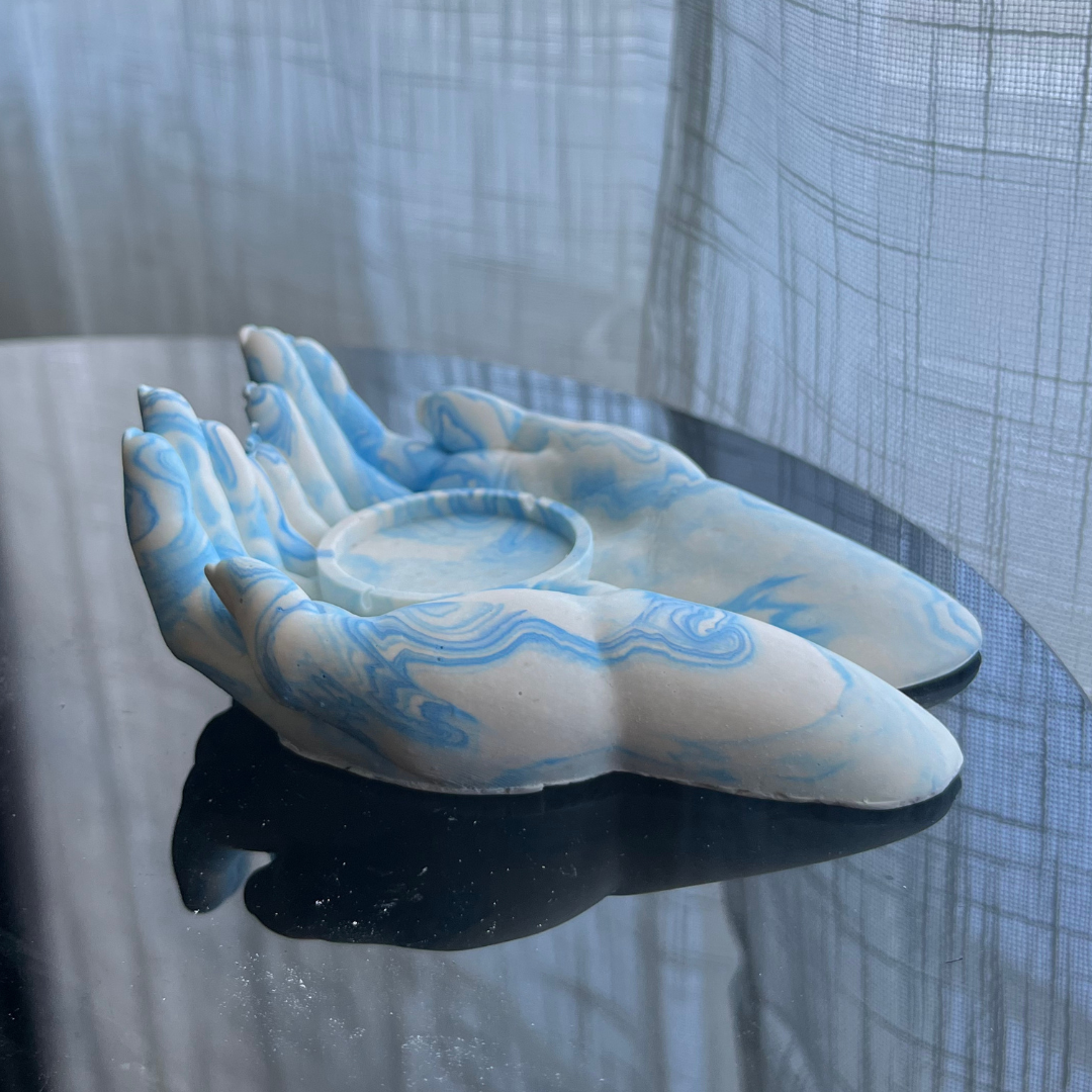 L Y D I A candle holder with cradling hands blue marble