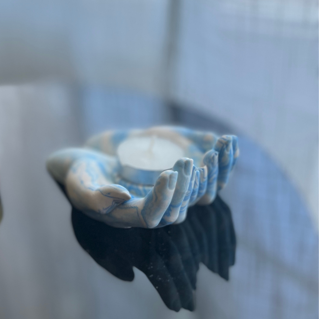 L Y D I A candle holder with cradling hands blue marble