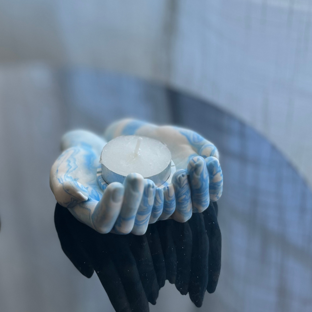 L Y D I A candle holder with cradling hands blue marble