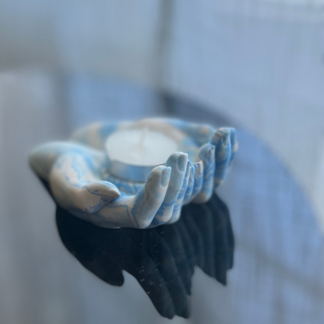 L Y D I A candle holder with cradling hands blue marble