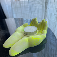 Load image into Gallery viewer, L Y D I A candle holder with cradling hands neon yellow marble
