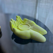 Load image into Gallery viewer, L Y D I A candle holder with cradling hands neon yellow marble
